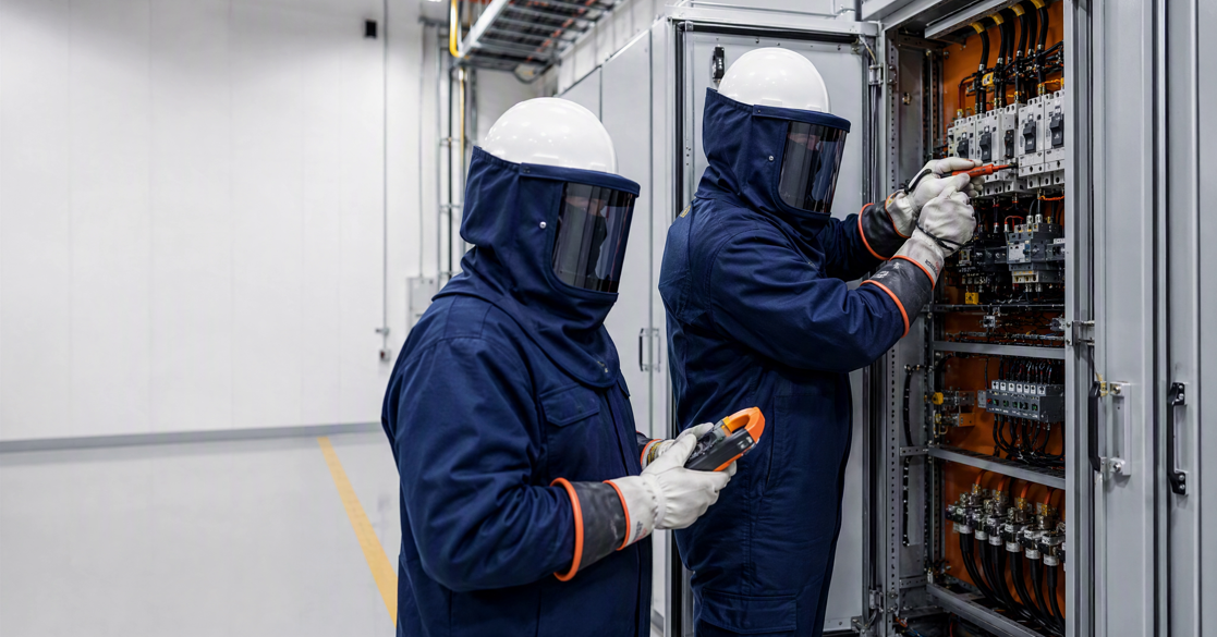 Técnicos con equipo de protección para arco eléctrico realizando mantenimiento