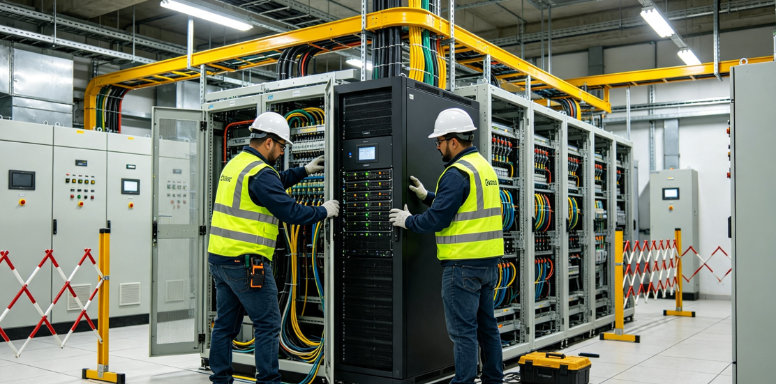 Técnicos con equipo de protección para arco eléctrico realizando mantenimiento